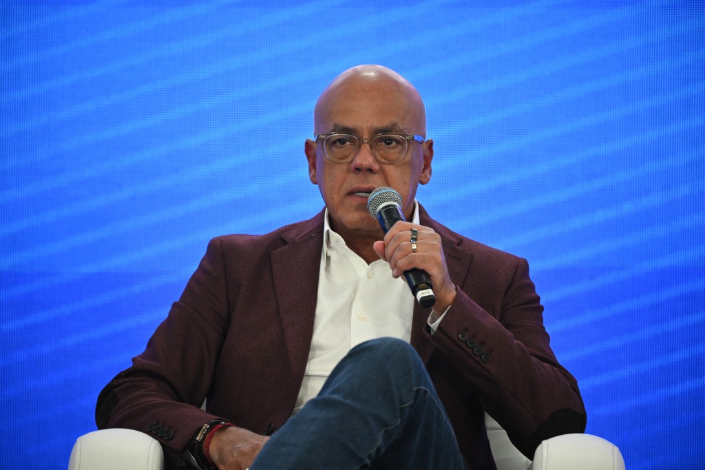 Venezuela's National Assembly President Jorge Rodriguez speaks during a National Council for Sovereignty and Peace event at the Hotel Eurobuilding in Caracas on October 8, 2025. (Photo by Federico PARRA / AFP)