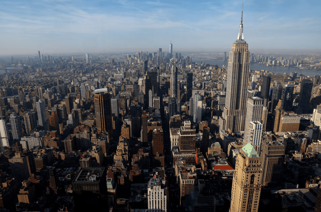 The Empire State Building and Manhattan skyline are pictured from the Summit at One Vanderbilt observatory in Manhattan in New York City, U.S., April 14, 2023. REUTERS/Mike Segar/File Photo 