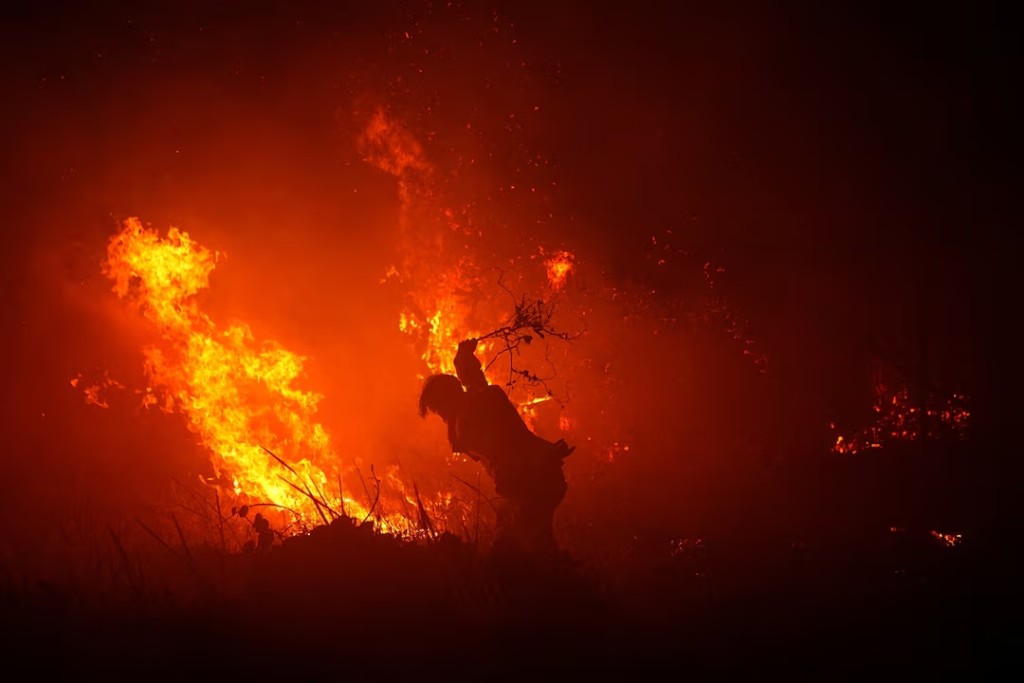 A firefighter uses a tree branch to try and douse the flames amid a wildfire in Palembang, South Sumatra province, Indonesia, September 8, 2026. REUTERS/Abriansyah Liberto