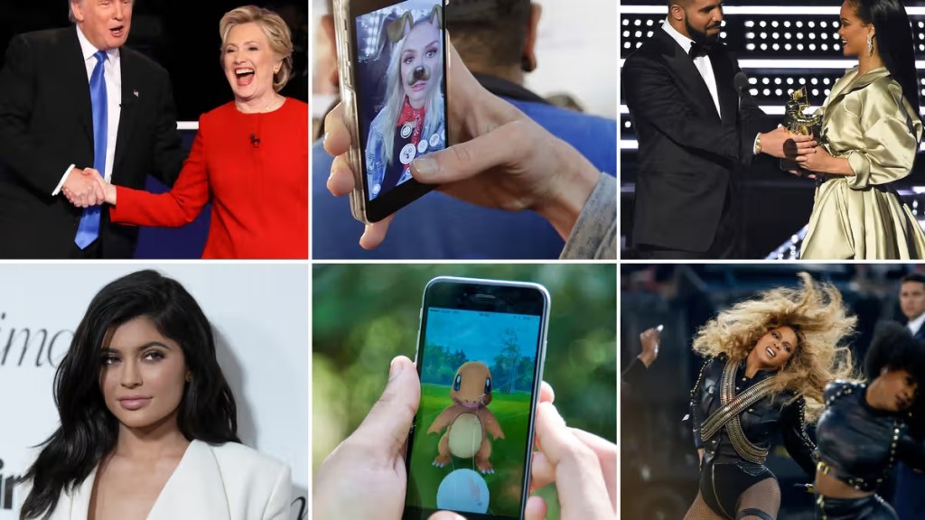This combo made with photos taken in 2016, shows Hillary Clinton and Donald Trump shaking hands during a debate, a model using a Snapchat filter, Drake presenting an award to Rihanna, Kylie Jenner posing for photos, a person playing Pokemon Go!, and Beyonce performing during halftime of the NFL Super Bowl. (AP Photo)