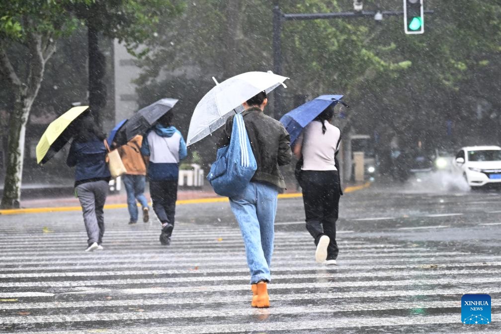 People walk across a street in the rain in Shanghai, east China, Nov. 1, 2024. The National Meteorological Center issued a blue alert for the Typhoon Kong-rey on Friday morning, forecasting torrential rains in eastern provincial-level regions, including Zhejiang, Jiangsu and Shanghai, from Friday afternoon through Saturday. Parts of Jiangsu and Shanghai could experience downpours of 100 to 120 millimeters. (Photo by Chen Haoming/Xinhua)