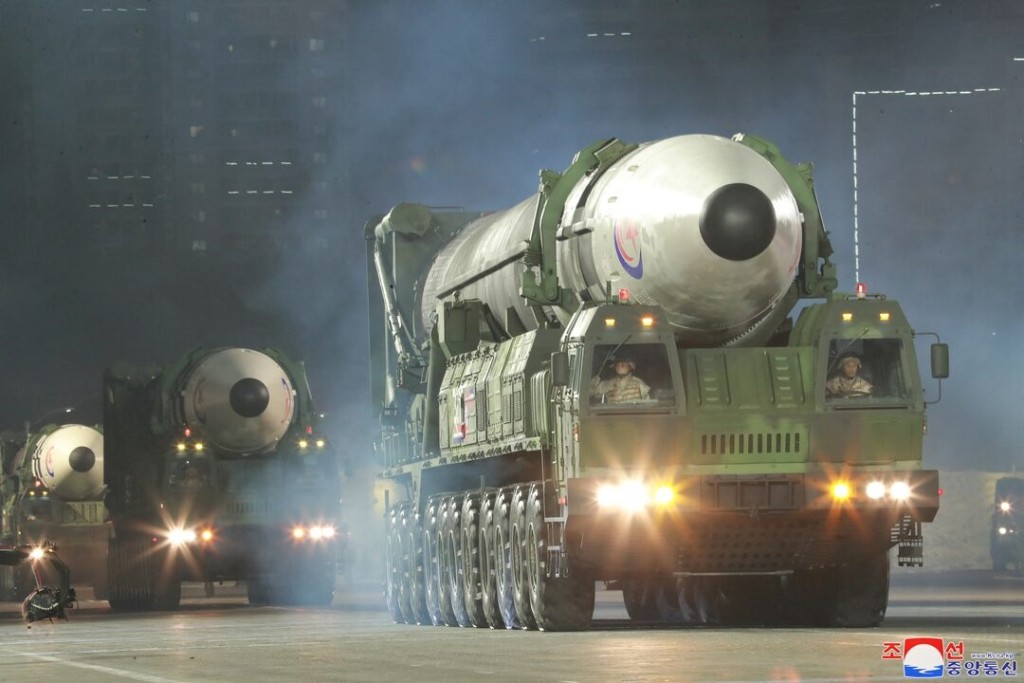 Hwasong-17 intercontinental ballistic missiles take part in a nighttime military parade to mark the 90th anniversary of the founding of the Korean People's Revolutionary Army in Pyongyang, North Korea, in this undated photo released by North Korea's Korean Central News Agency (KCNA) on April 26, 2022. KCNA via REUTERS/File Photo