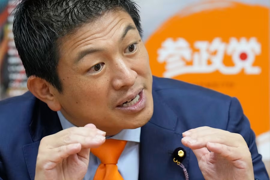 Sohei Kamiya, leader of a surging nationalist party Sanseito, speaks during an interview with the Associated Press at his party's headquarter on Sept. 2, 2025, in Tokyo. (AP Photo/Eugene Hoshiko)