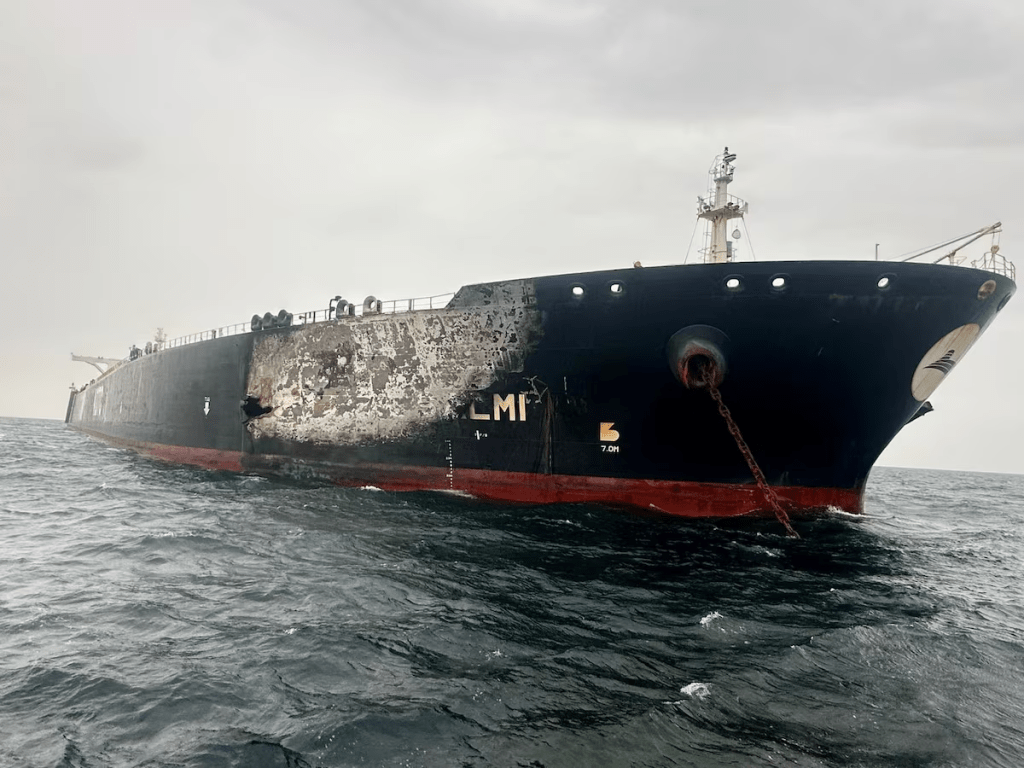 Damage to the Kuwait-flagged Al-Salmi crude oil tanker, following a reported strike, amid the U.S.-Israeli conflict with Iran, March 31, 2026. Kuwait Petroleum Corporation/Handout via REUTERS/File Photo