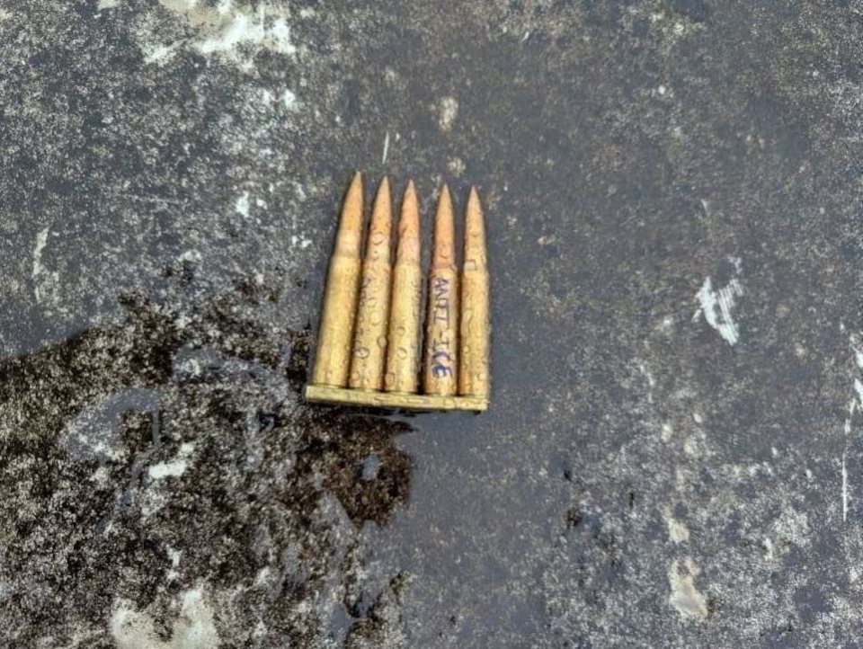 One of the unspent shell casings recovered with engraving "ANTI ICE" and posted by FBI Director Kash Patel via X, at a shooting in a location given as Dallas, Texas ICE facility, U.S., in this image released on September 24, 2025. @FBIDirectorKash via X /Handout via REUTERS