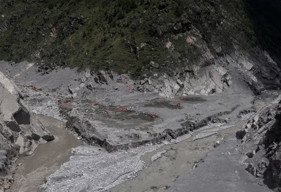 An aerial view shows Kerung (Gyirong) – Rasuwa border, a vital trade and travel crossing between China and Nepal following the deadly flash floods and mudslides, as rescue team woks on the Chinese side, as seen from Rasuwa, Nepal, September 3, 2026. REUTERS/Navesh Chitrakar