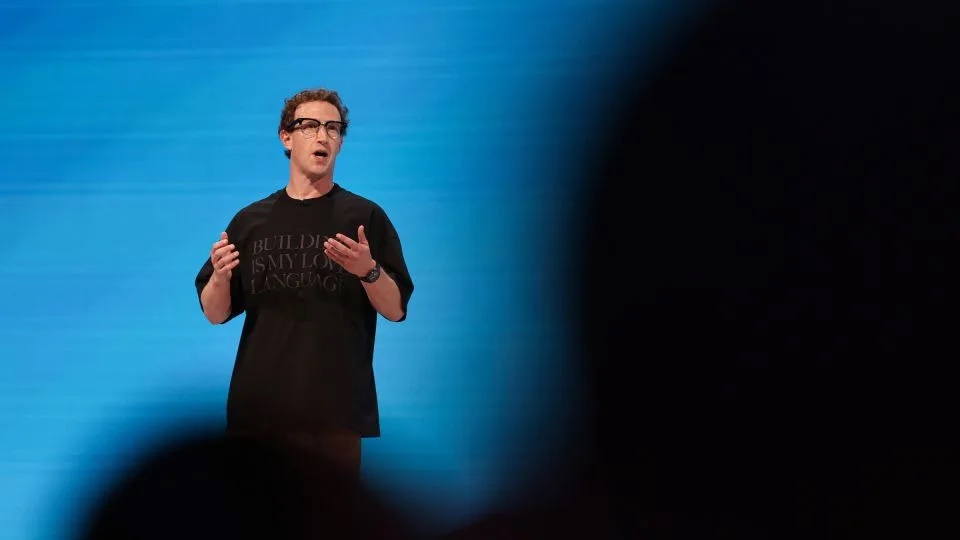 Meta CEO Mark Zuckerberg wears Meta VR Glasses as he delivers a speech presenting the new line of smart glasses during the Meta Connect event. - Carlos Barria/Reuters