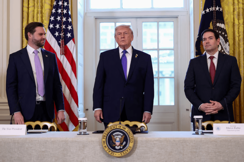 U.S. President Donald Trump, Vice President JD Vance and Secretary of State Marco Rubio attend a meeting with oil industry executives, at the White House in Washington, D.C., U.S., January 9, 2026. REUTERS/Kevin Lamarque