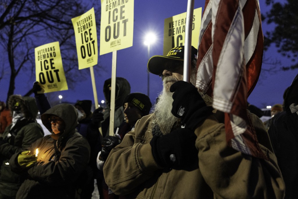 U.S. Navy veteran Earl Netwal, 77, attends a vigil for slain nurse Alex Pretti outside the VA Hospital where he worked on February 01, 2026 in Minneapolis, Minnesota. Pretti was shot and killed by U.S. Border Patrol agents Jesus Ochoa and Raymundo Gutierrez on January 24, following the killing of Renee Good on January 7 by ICE agent Jonathan Ross. John Moore/Getty Images/AFP (Photo by JOHN MOORE / GETTY IMAGES NORTH AMERICA / Getty Images via AFP)