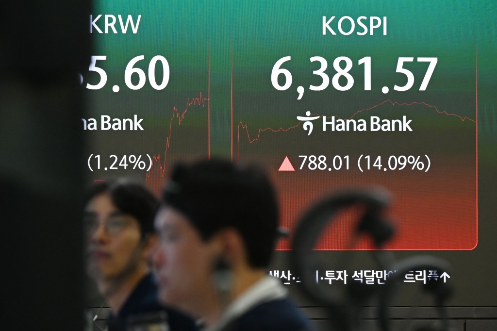 An electronic screen shows South Korea's benchmark stock index (KOSPI) in the Hana Bank headquarters. AFP