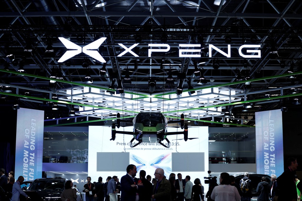 A logo of Xpeng is seen on media day at the 2024 Paris Auto Show in Paris, France, October 14, 2024. REUTERS/Benoit Tessier