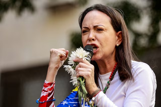 Venezuelan opposition leader Maria Corina Machado addresses supporters at a protest ahead of the Friday inauguration of President Nicolas Maduro for his third term, in Caracas, Venezuela January 9, 2025. REUTERS/Leonardo Fernandez Viloria/File Photo 