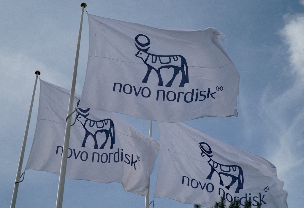 Flags with the Novo Nordisk logo flutter outside their Danish company's offices in Copenhagen, Denmark, September 26, 2023. (Reuters)