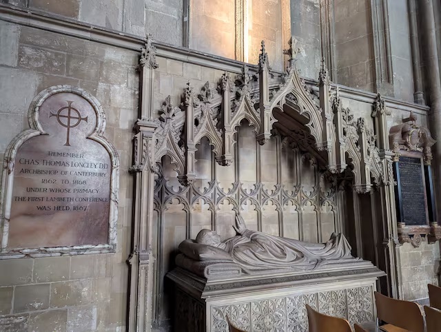 A wall tablet dedicated to Charles Thomas Longley, who was the Archbishop of Canterbury between 1862-1868, is displayed at Canterbury cathedral in Canterbury, Britain, September 26, 2025. REUTERS/Muvija M 