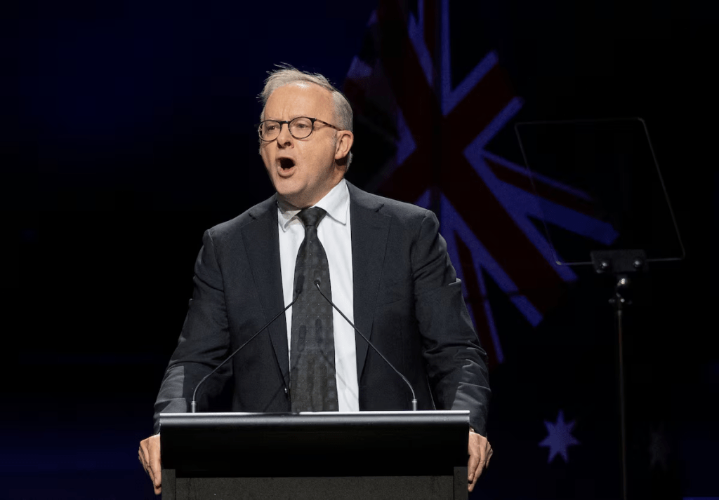Australian Prime Minister Anthony Albanese speaks at the Sydney Opera House during a National Day of Mourning for the victims of the December 14, 2025, mass shooting at a Jewish Hanukkah celebration at Bondi Beach in Sydney, Australia, January 22, 2026. REUTERS/Jeremy Piper/File Photo