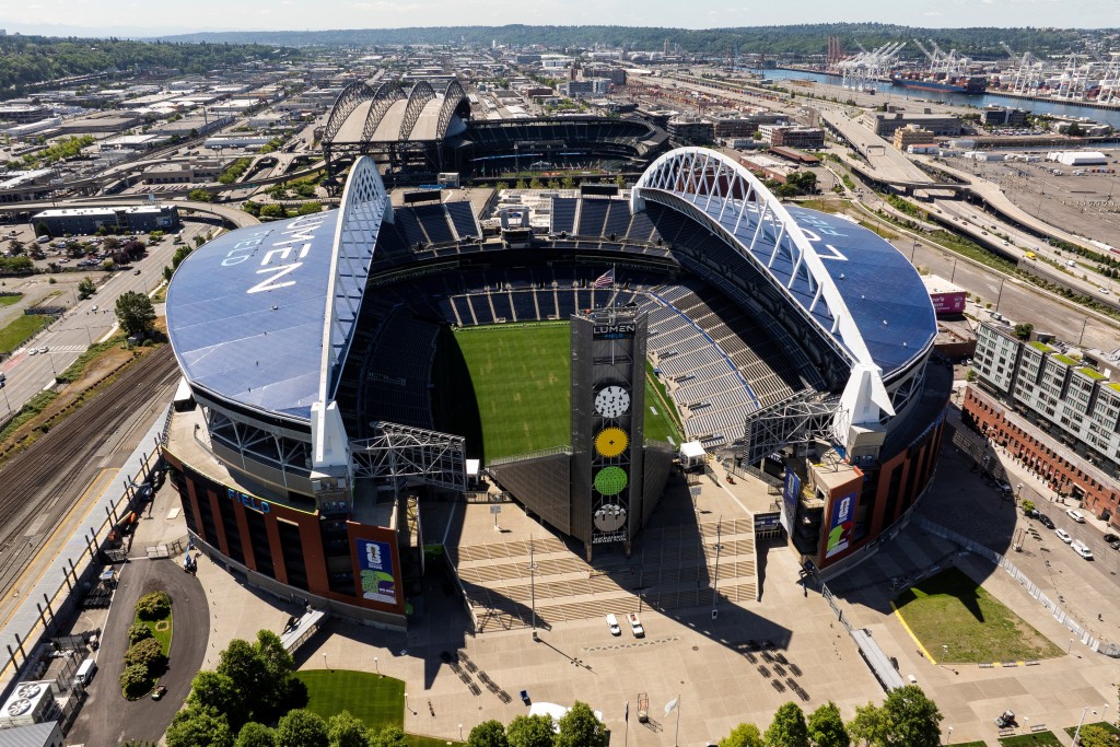 Photo by DAVID RYDER / AFP  An aerial view shows Seattle Stadium, temporarily renamed from Lumen Field, ahead of the FIFA World Cup 2026 in Seattle, Washington on May 27, 2026.