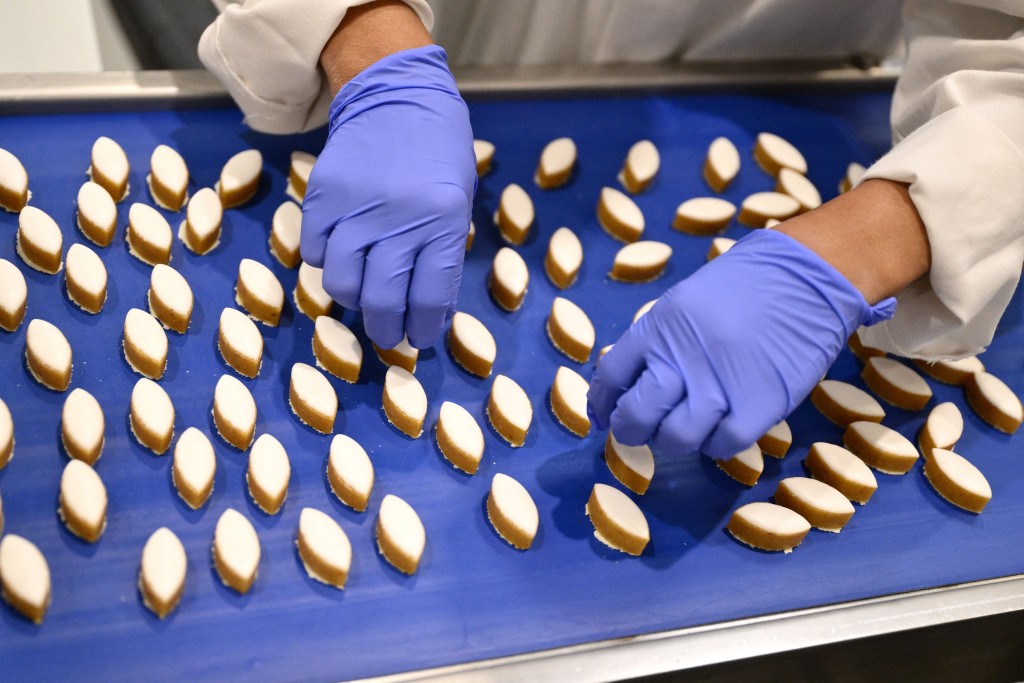 CORRECTION / An employee works at the Le Roy Rene factory producing traditional pastries called calissons made with almonds in Aix-en-Provence, southern France, on November 18, 2025. (Photo by Christophe SIMON / AFP)