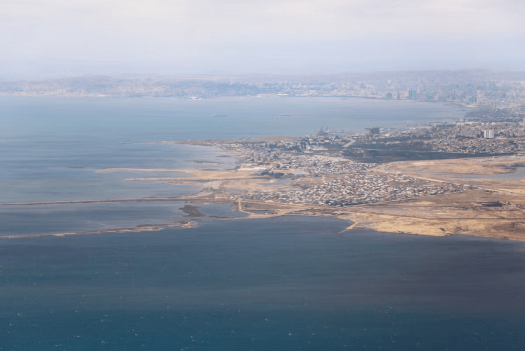 An aerial view of the Caspian Sea near the city of Baku is pictured through the window of an airplane in Baku Azerbaijan May 27, 2019. REUTERS/Amr Abdallah Dalsh Purchase Licensing Rights