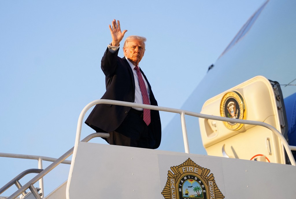 U.S. President Donald Trump departs Air Force One at Miami International Airport on March 27, 2026 in Miami, Florida. President Trump traveled to speak at a summit in Miami Beach before heading to Palm Beach for the weekend. Nathan Howard/Getty Images/AFP