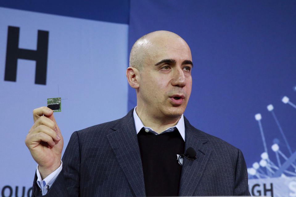 Investor Yuri Milner holds a small chip during an announcement of the Breakthrough Starshot initiative. (Reuters) Investor Yuri Milner holds a small chip during an announcement of the Breakthrough Starshot initiative. (Reuters)
