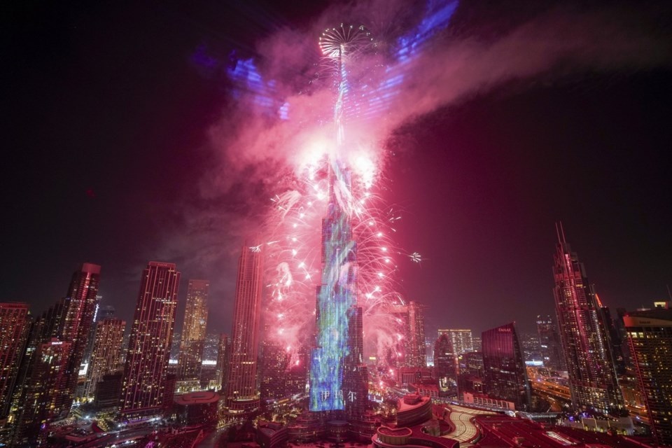 Fireworks explode at the Burj Khalifa, the world's tallest building, during the New Year's Eve celebration in Dubai, United Arab Emirates, Wednesday, Jan. 1, 2025. (AP Photo/Altaf Qadri) Fireworks explode at the Burj Khalifa, the world's tallest building, during the New Year's Eve celebration in Dubai, United Arab Emirates, Wednesday, Jan. 1, 2025. (AP Photo/Altaf Qadri)