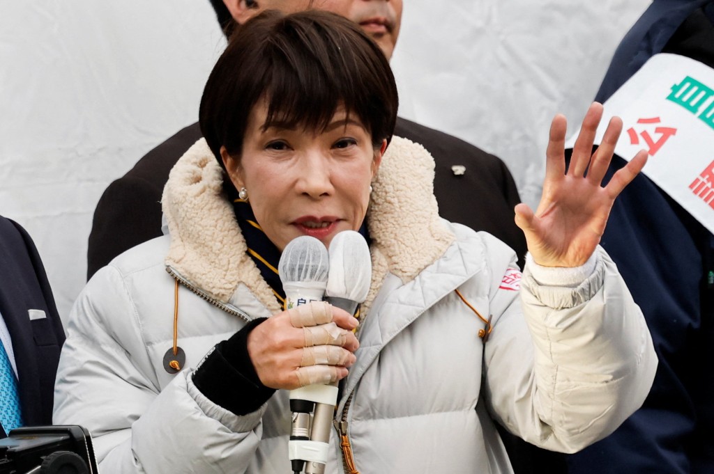 Japan's Prime Minister and leader of the ruling Liberal Democratic Party (LDP), Sanae Takaichi, speaks during an election campaign event ahead of the February 8 snap election, in Tokyo, Japan, February 7, 2026. (Reuters)
