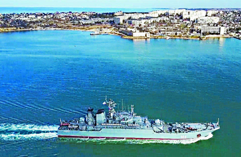 Attacks on warships such as, left and above, the missile cruiser Moskva, the flagship of Russia's Black Sea fleet, have forced its navy to beat a hasty retreat from the near waters of Ukraine. Below: amphibious assault ship Kaliningrad sails into the Attacks on warships such as, left and above, the missile cruiser Moskva, the flagship of Russia's Black Sea fleet, have forced its navy to beat a hasty retreat from the near waters of Ukraine. Below: amphibious assault ship Kaliningrad sails into the