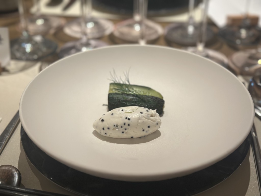 Grilled Cucumber with Shellfish Cream.