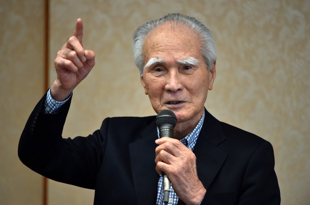 Former Japanese Prime Minister Tomiichi Murayama delivers a speech in Tokyo on May 18, 2015.  Photo by YOSHIKAZU TSUNO / AFP