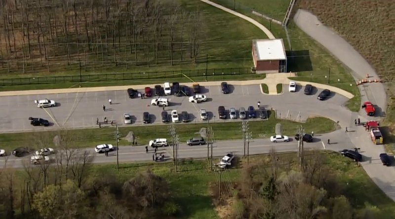 This photo provided by WJLA, police respond to the scene of a shooting in in Frederick, Maryland on Tuesday, April 6, 2021. This photo provided by WJLA, police respond to the scene of a shooting in in Frederick, Maryland on Tuesday, April 6, 2021.