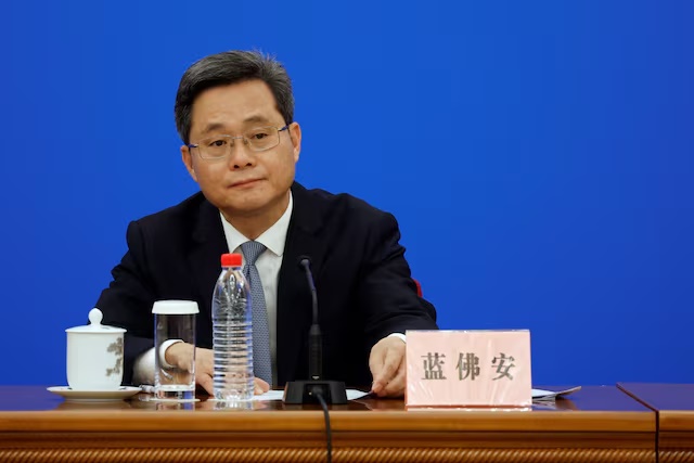 Chinese Finance Minister Lan Foan attends a press conference about a bill on raising ceilings on local government debt, at the Great Hall of the People in Beijing, China November 8, 2024. REUTERS/Josh Arslan