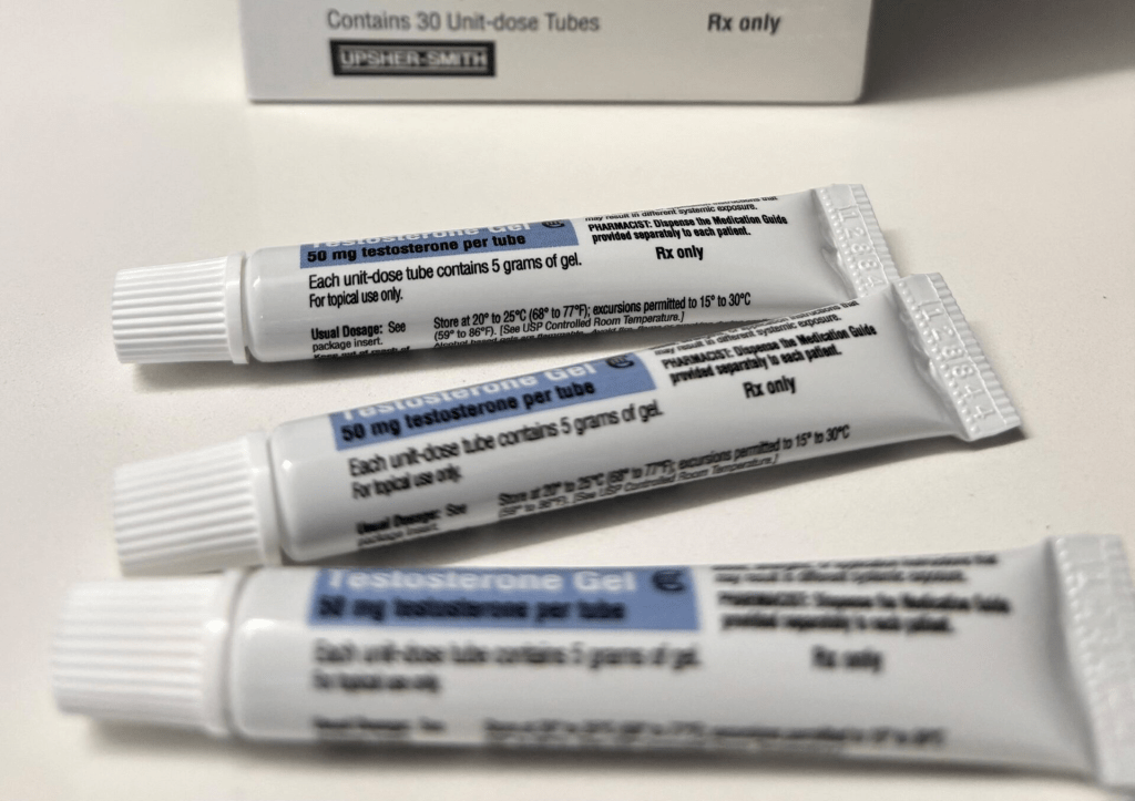 A month's supply of testosterone gel is displayed in its box in Melrose, Massachusetts, U.S., September 9, 2026. Amy Swan/Handout via REUTERS