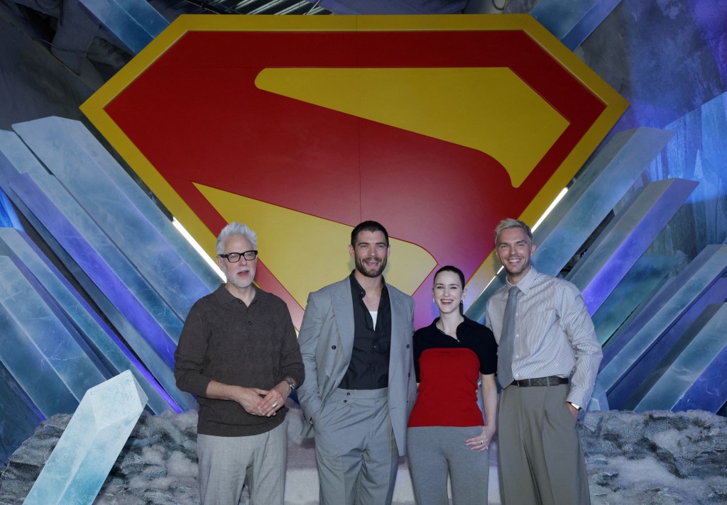 Director James Gunn and cast members David Corenswet, Rachel Brosnahan, and Nicholas Hoult pose at a photo call for the film Superman in Culver City, California, U.S., June 28, 2025. (Reuters)