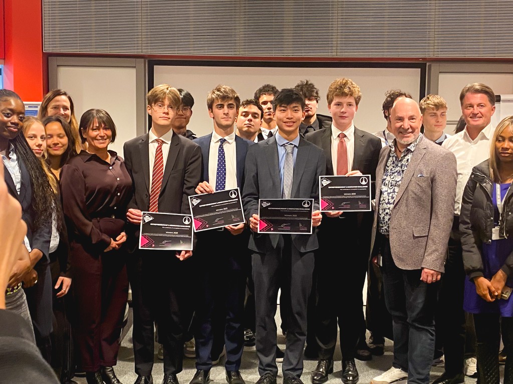 Left to right: Ivan Osipov from Russia, Andrea Fontanesi from Italy, Parker Chan from HK, Victor Michel from Germany at Ardingly College in the UK crowned winners in Imperial College London’s Entrepreneurs Innovation Challenge.