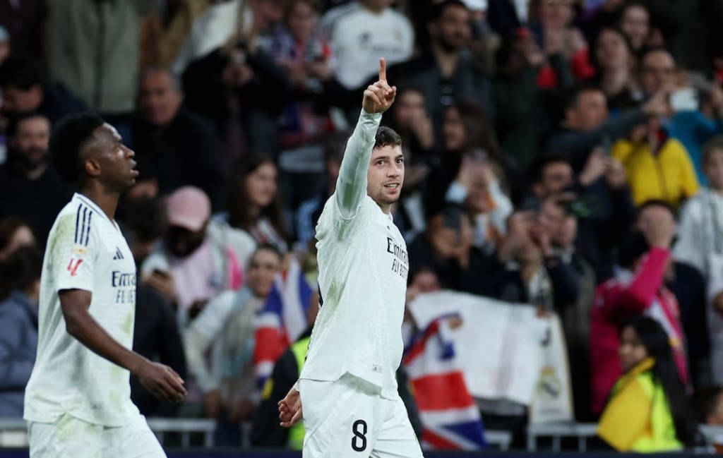 Real Madrid's Federico Valverde celebrates scoring their first goal. (Reuters)