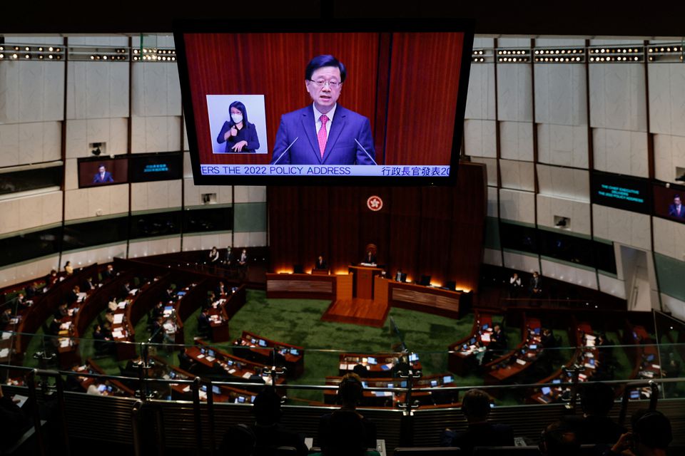 Hong Kong Chief Executive John Lee delivers his first annual policy address at the Legislative Council in Hong Kong. (Reuters) Hong Kong Chief Executive John Lee delivers his first annual policy address at the Legislative Council in Hong Kong. (Reuters)