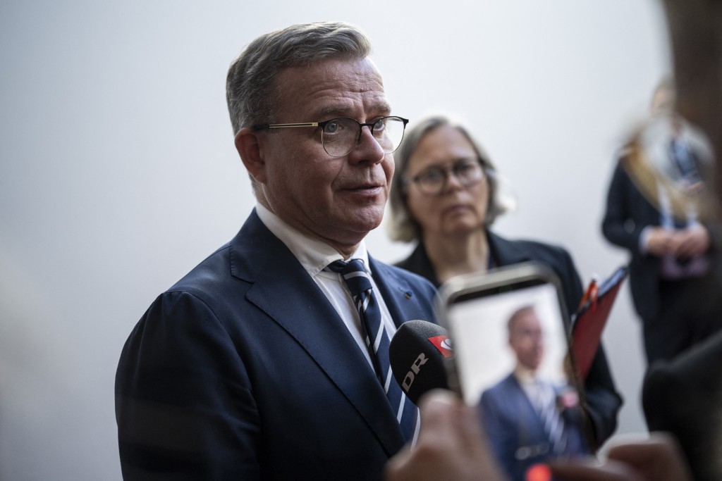 Finnish Prime Minister Petteri Orpo speaks to journalists at the Arktikum science centre during The European Arctic Summit in Rovaniemi, Finland, on September 14, 2026.