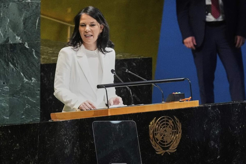 Annalena Baerbock of Germany addresses the United Nations General Assembly after she was elected as president of the 80th session of the body, Monday, June 2, 2025. (AP)