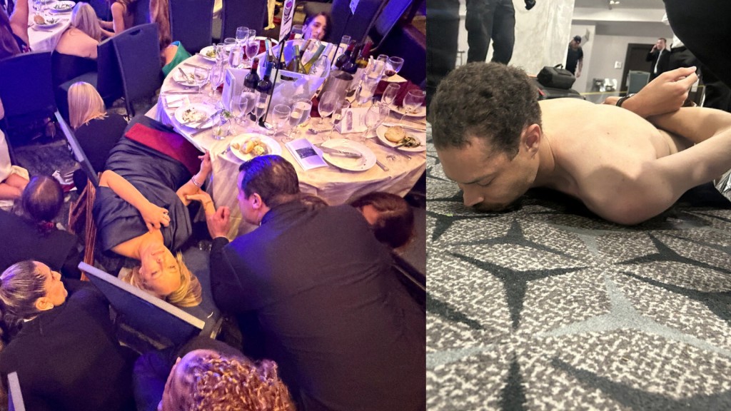 Guests take cover after a loud, unidentified noise, in Washington, D.C. (left) Law enforcement personnel detain a person of interest. (right)(Reuters)