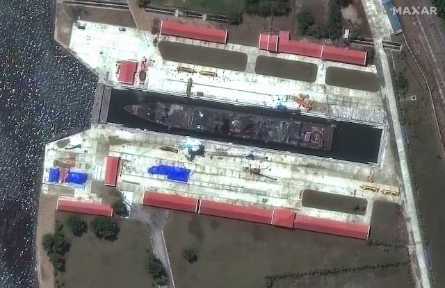 A satellite image shows a Choe Hyon-class destroyer, which was damaged in May upon its attempted first launch, in Rajin North Korea, June 8, 2025. Maxar Technologies/Handout via REUTERS/File Photo 
