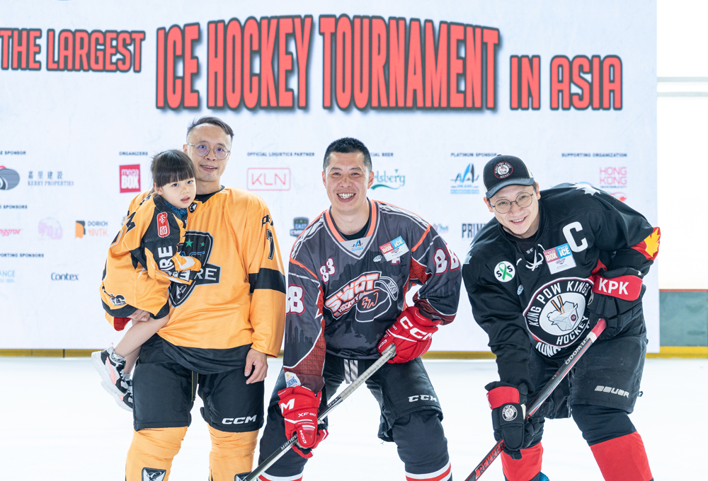 From left: This year marks the 15th consecutive participation of veteran players Terence Chim, Yannick Wong, and Michael Lam at the Mega Ice Hockey 5’s.