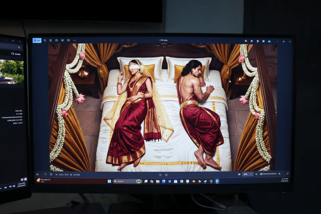 Gandhari and Dhritarashtra, characters from the AI-generated series "Mahabharat: Ek Dharmayudh," as seen at the Collective Artists Network's Galleri5 AI production studio in Bengaluru. The show is based on an ancient Hindu epic about a dynastic war between princes. REUTERS/Priyanshu Singh