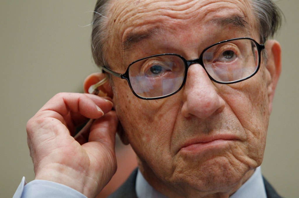 Former Federal Reserve Board chairman Alan Greenspan listens to opening statements as he testifies before the Financial Crisis Inquiry Commission hearing on Capitol Hill in Washington, April 7 , 2010. (Reuters)