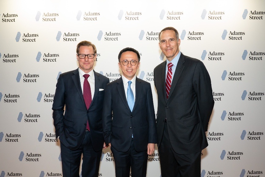 Adams Street marked the opening of its new Hong Kong office with a ceremony attended by Ben Hart, Partner & Head of Investor Relations (Asia), Adams Street (left); Samson Wong, Chief Investment Officer (Private Markets) of the Hong Kong Monetary Authority (middle); Jeffrey Diehl, Managing Partner & Head of Investments, Adams Street (right)