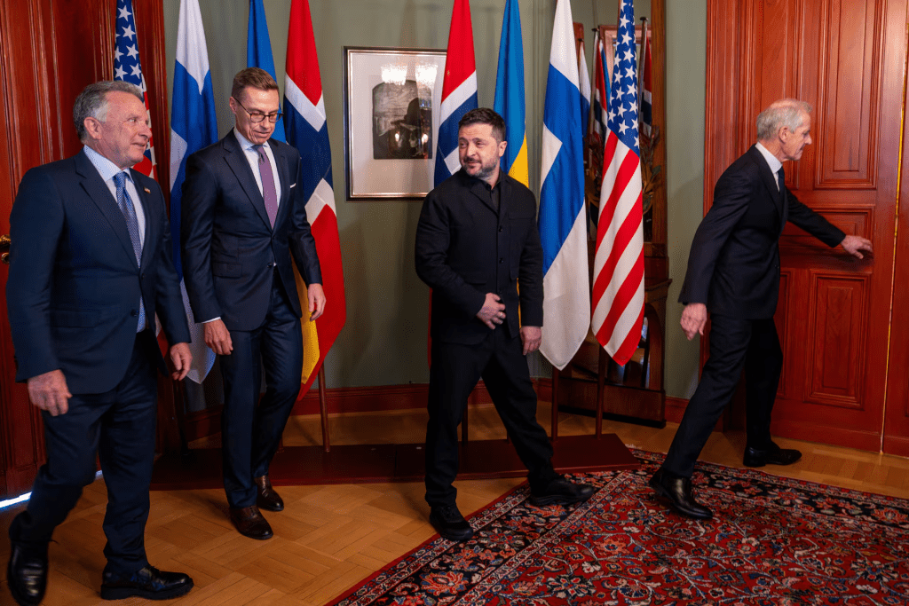 Ukrainian President Volodymyr Zelenskiy meets US Special Envoy Steve Witkoff, Norwegian Prime Minister Jonas Gahr Store and Finnish President Alexander Stubb in Oslo, Norway, October 20, 2026. NTB/Heiko Junge /via REUTERS