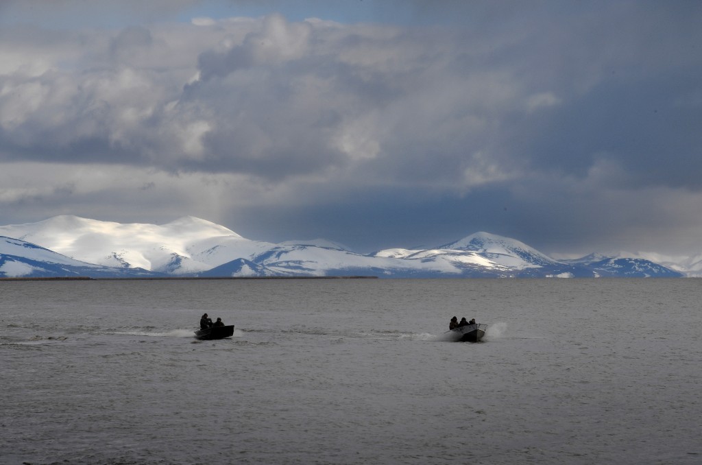 Hunters return from a trip searching for geese and ducks near the town of Quinhagak on the Yukon Delta in Alaska on April 12, 2019. Presidents Donald Trump and Vladimir Putin will hold a high-stakes meeting about the Ukraine war on August 15, 2025, in Alaska, which the United States bought from Russia more than 150 years ago. (Photo by Mark RALSTON / AFP)