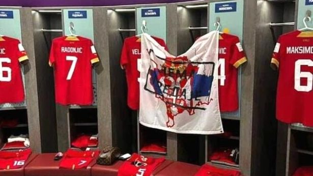 A flag showing the map of Kosovo with a Serbian flag imposed over it with 'No Surrender' was displayed in Serbia's dressing room. A flag showing the map of Kosovo with a Serbian flag imposed over it with 'No Surrender' was displayed in Serbia's dressing room.
