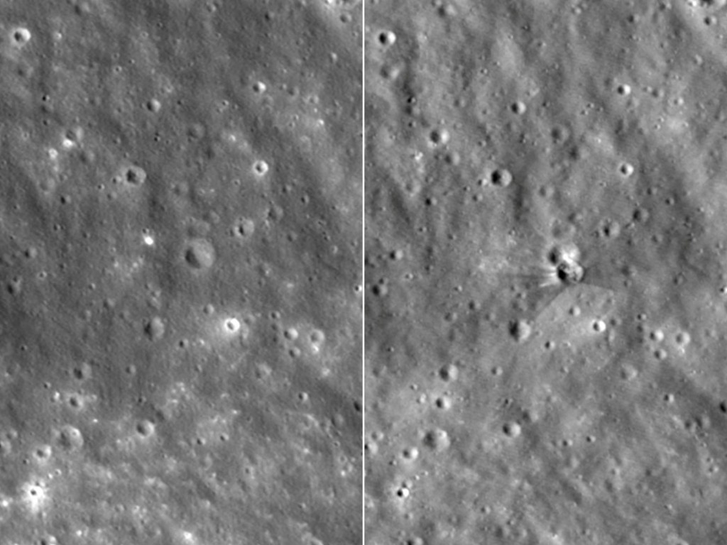 Photo by - / NASA GODDARD/INTUITIVE MACHINES / AFP  This combination of images created using handout images released by the NASA Goddard Space Flight Center and Intuitive Machines on August 18, 2026 and captured by the Narrow-Angle Camera on NASA’s Lunar Reconnaissance Orbiter (LRO) shows an undated view (L) of the Moon's surface and an image taken between August 11 and August 12, 2026 showing a crater which formed after a Falcon 9 upper stage struck the Moon’s surface on August 5, 2026.