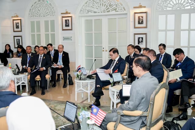 Thailand's Foreign Minister Sihasak Phuangketkeow and Myanmar's Foreign Minister Tin Maung Swe attend an informal meeting with ASEAN Foreign Ministers in Bangkok, Thailand, July 12, 2026. Thailand Ministry of Foreign Affairs/Handout via REUTERS 