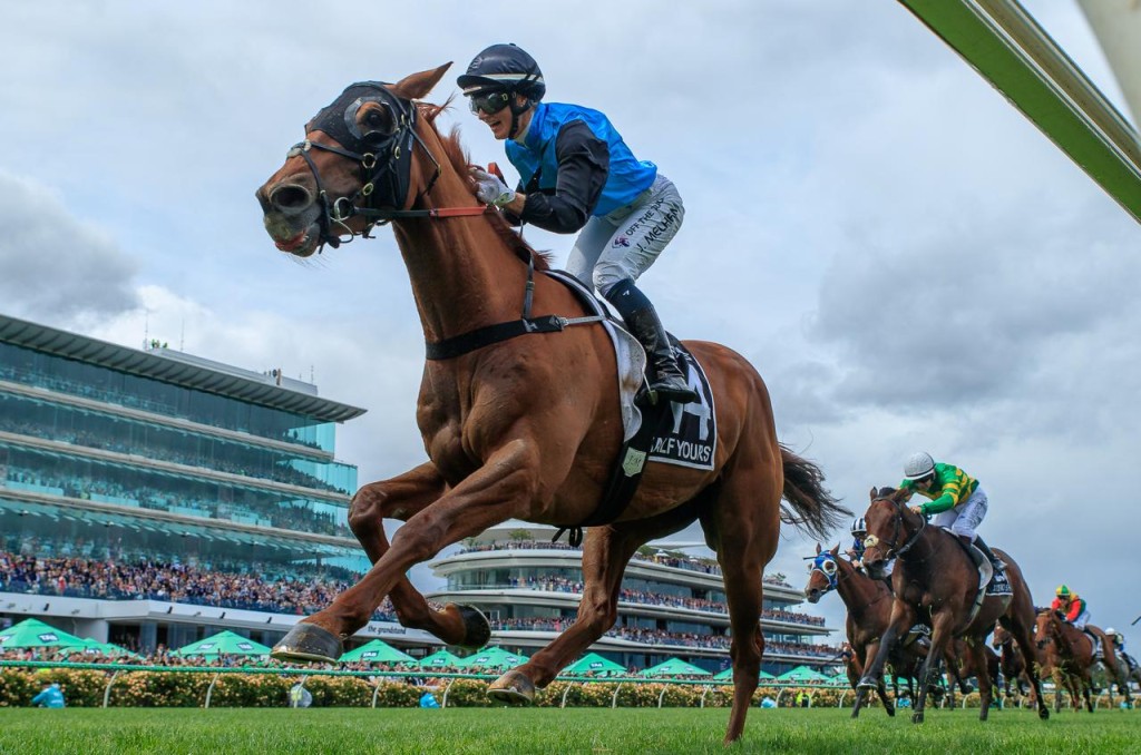 Jamie Melhan crosses the line on Half Yours to win the 2025 G1 Melbourne Cup GRANT COURTNEY/IDOL HORSE